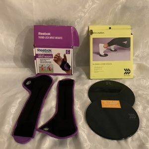 Workout set, Sliding Core Discs & Reebok toning Thumb lock wrist weights 1lbs.